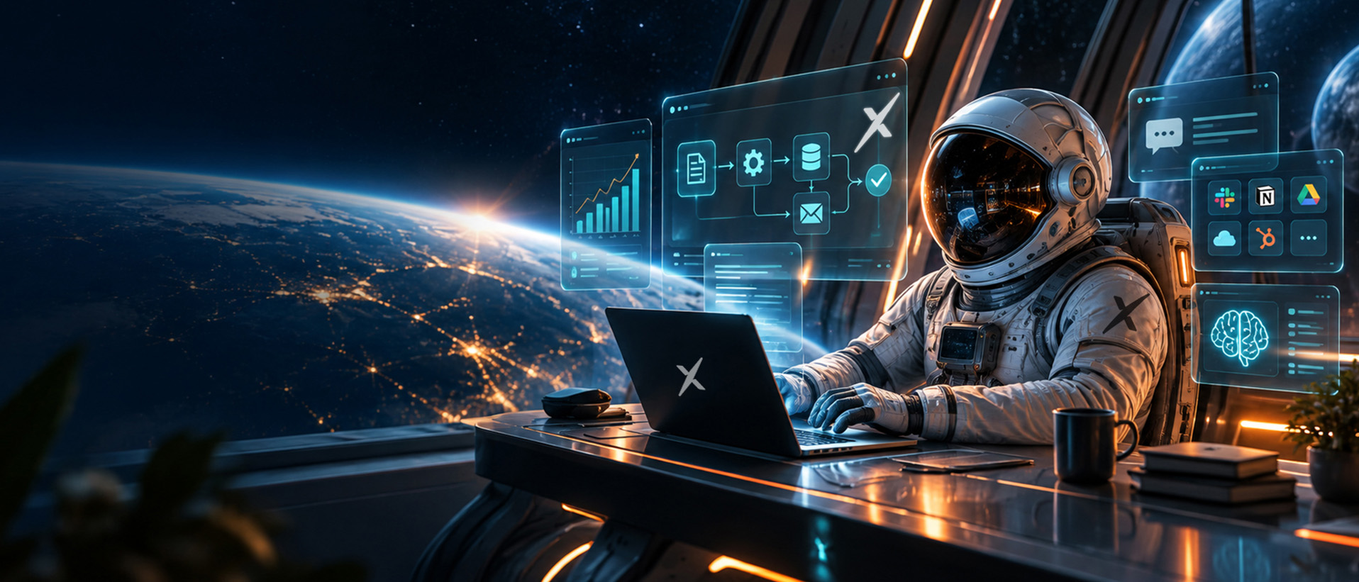 Astronauta trabajando con interfaces de Inteligencia Artificial y automatización